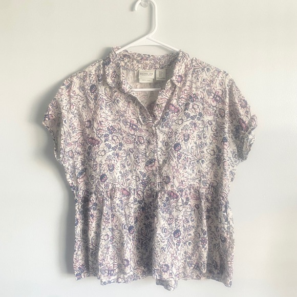 Rachel Zoe New York 100% Linen Floral Short Sleeve‎ Peplum Blouse Size Small - Picture 1 of 5